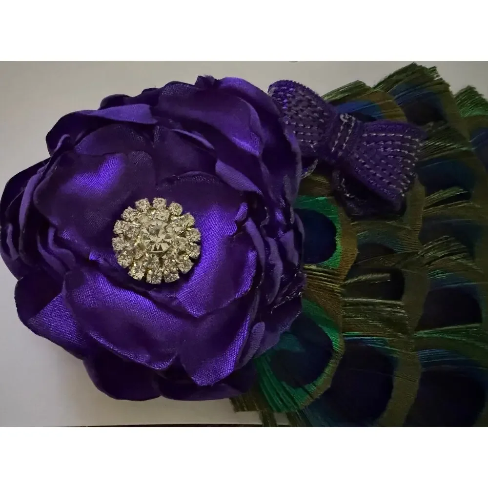 Peacock Feather Hair Clip with Purple Flower